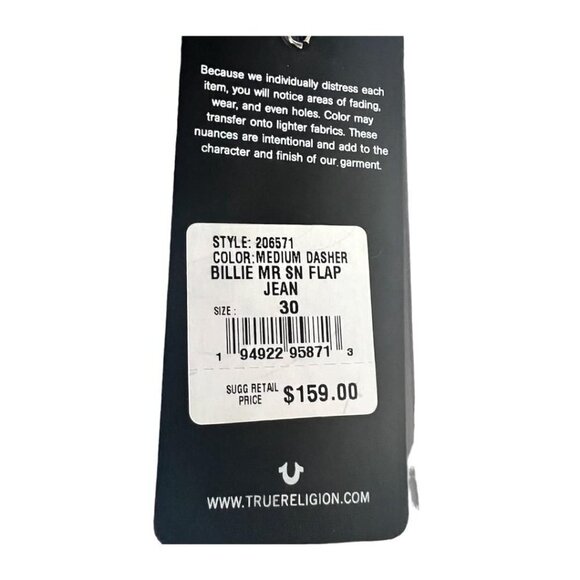 True Religion Womens Billie Mid Rise Whiskered Straight Leg Jeans Sz 30 New - Picture 10 of 11